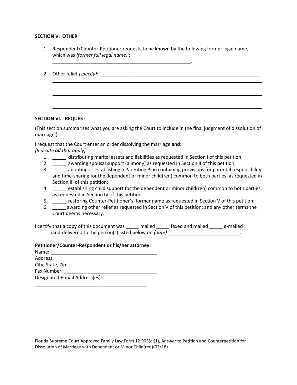 Form 12.903(C)(1) Answer to Petition and Counterpetition for Dissolution of Marriage With Dependent or Minor Child(Ren) - Florida, Page 12