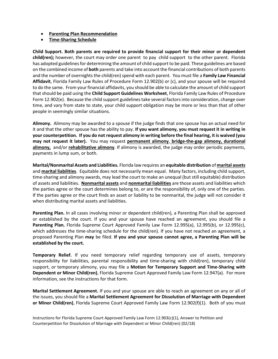 Form 12.903(C)(1) Answer to Petition and Counterpetition for Dissolution of Marriage With Dependent or Minor Child(Ren) - Florida, Page 4