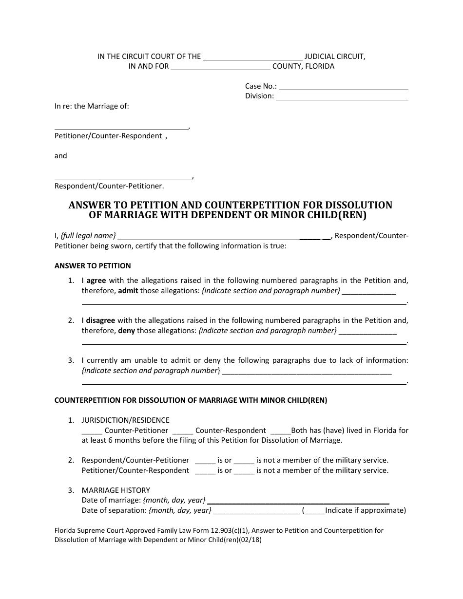 Form 12.903(C)(1) Answer to Petition and Counterpetition for Dissolution of Marriage With Dependent or Minor Child(Ren) - Florida, Page 6