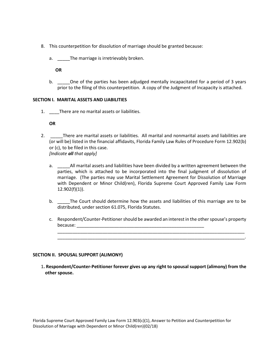 Form 12.903(C)(1) Answer to Petition and Counterpetition for Dissolution of Marriage With Dependent or Minor Child(Ren) - Florida, Page 8