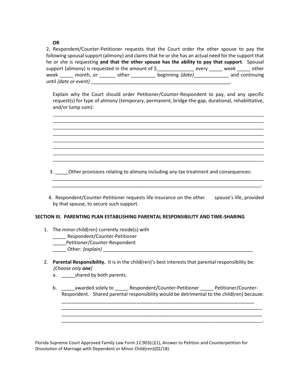 Form 12.903(C)(1) Answer to Petition and Counterpetition for Dissolution of Marriage With Dependent or Minor Child(Ren) - Florida, Page 9