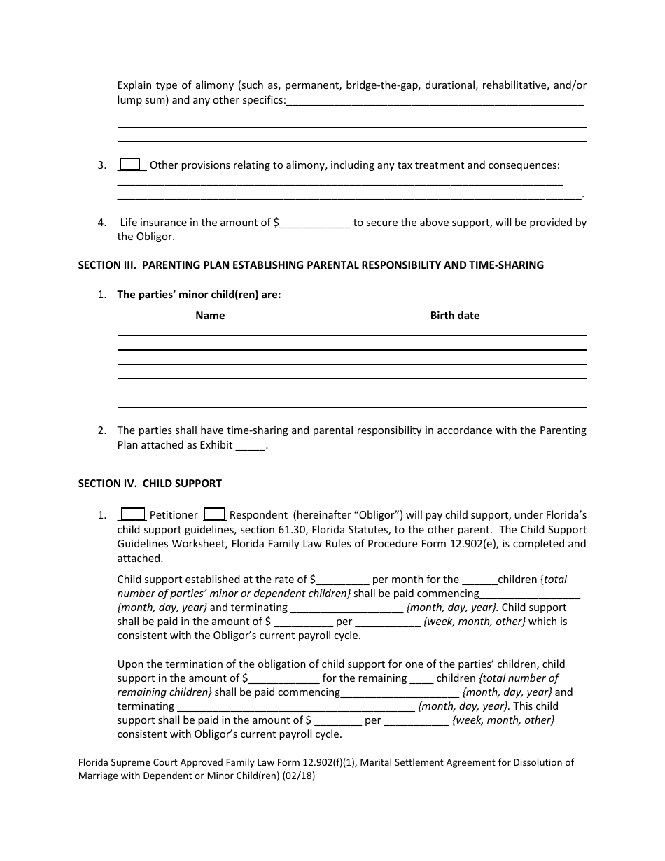 Form 12.902(F)(1) Marital Settlement Agreement for Dissolution of Marriage With Dependent or Minor Child(Ren) - Florida, Page 10