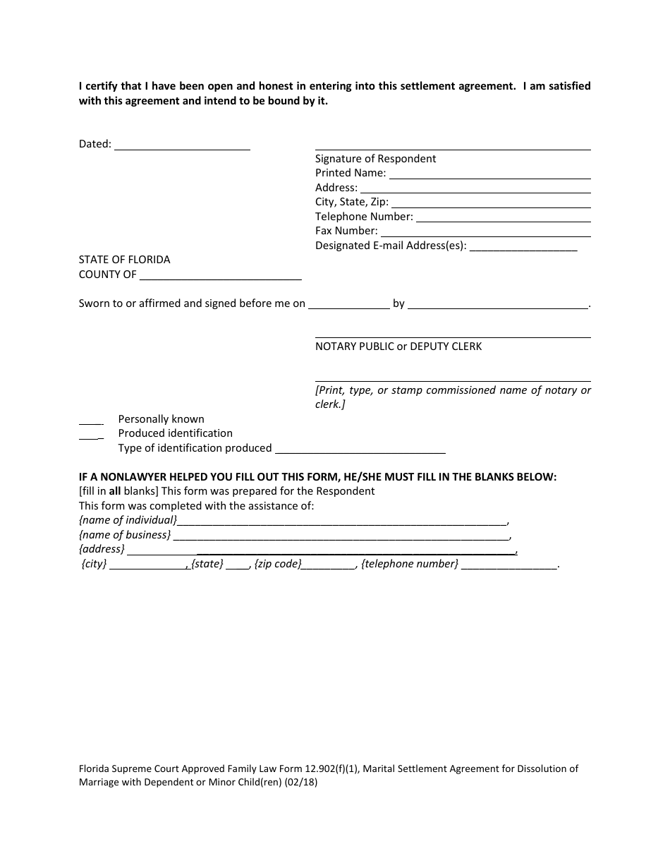Form 12.902(F)(1) Marital Settlement Agreement for Dissolution of Marriage With Dependent or Minor Child(Ren) - Florida, Page 14
