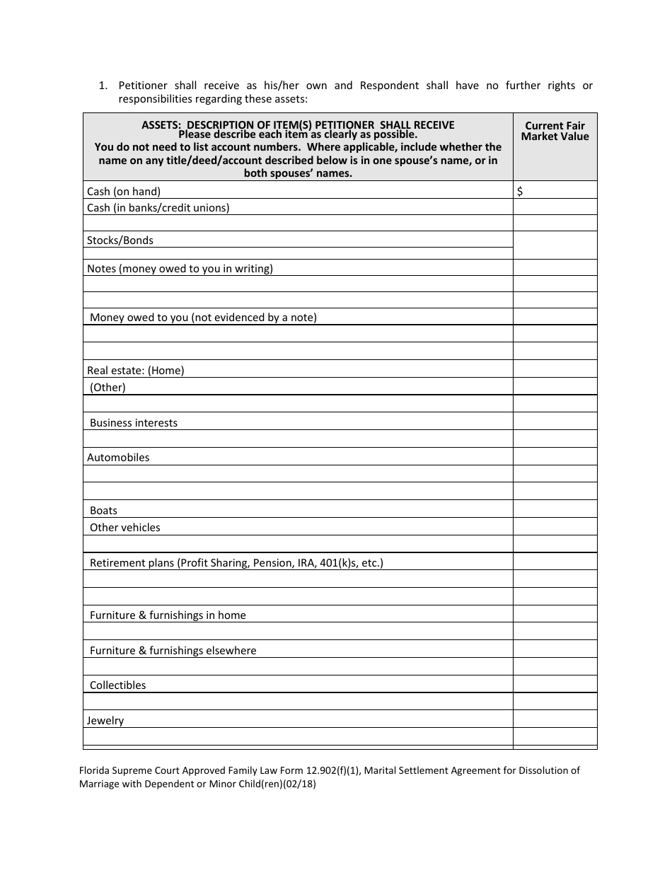 Form 12.902(F)(1) Marital Settlement Agreement for Dissolution of Marriage With Dependent or Minor Child(Ren) - Florida, Page 4