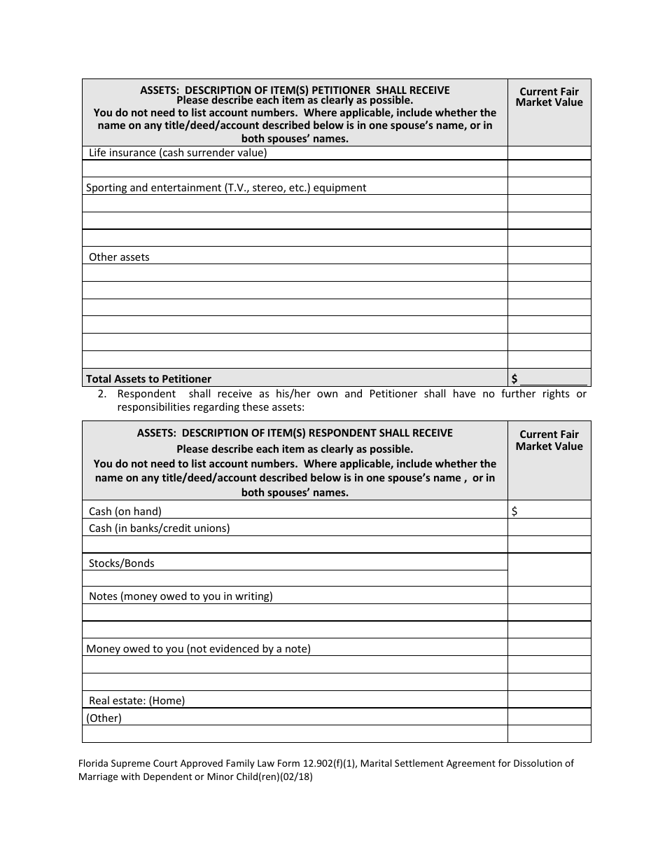 Form 12.902(F)(1) Marital Settlement Agreement for Dissolution of Marriage With Dependent or Minor Child(Ren) - Florida, Page 5