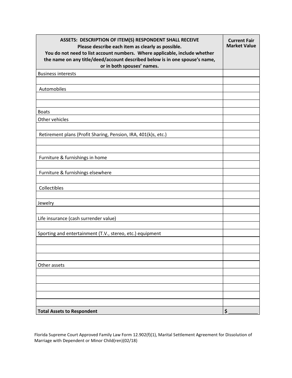 Form 12.902(F)(1) Marital Settlement Agreement for Dissolution of Marriage With Dependent or Minor Child(Ren) - Florida, Page 6