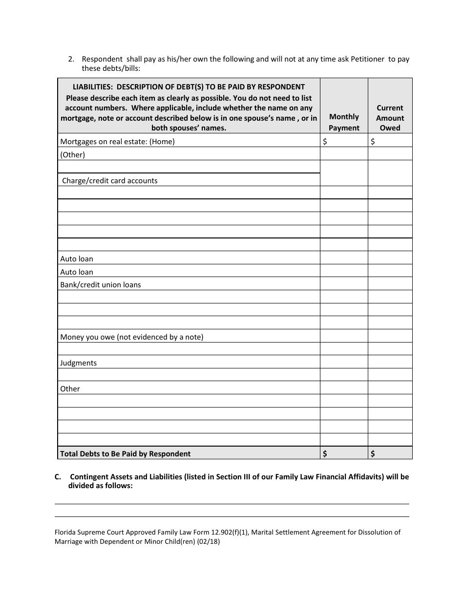 Form 12.902(F)(1) Marital Settlement Agreement for Dissolution of Marriage With Dependent or Minor Child(Ren) - Florida, Page 8