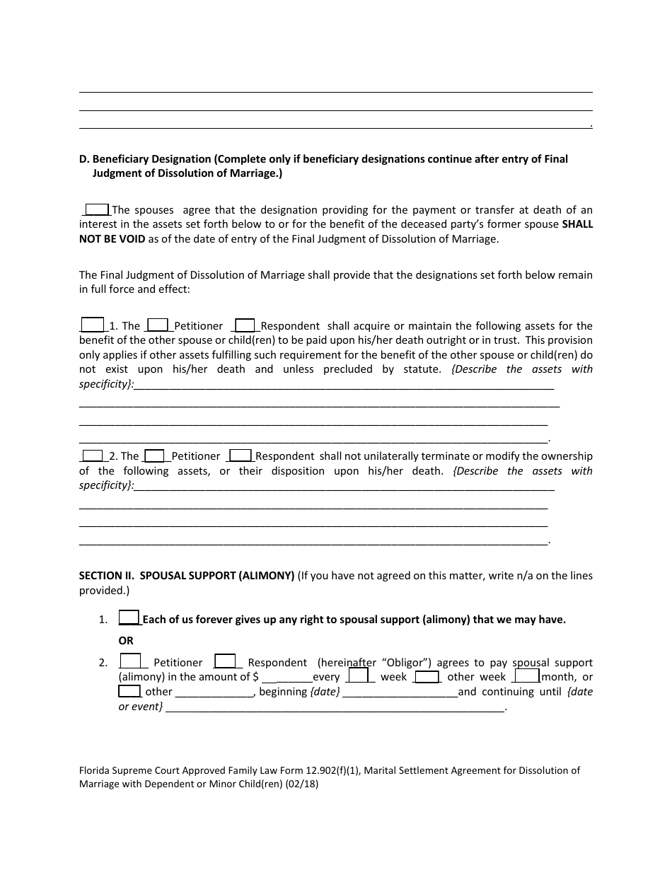 Form 12.902(F)(1) Marital Settlement Agreement for Dissolution of Marriage With Dependent or Minor Child(Ren) - Florida, Page 9