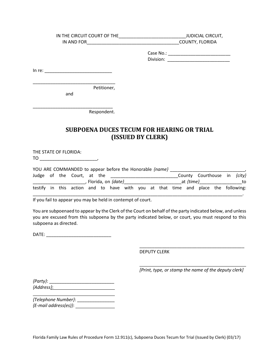 Form 12.911(C) Subpoena Duces Tecum for Hearing or Trial (Issued by Clerk) - Florida, Page 2