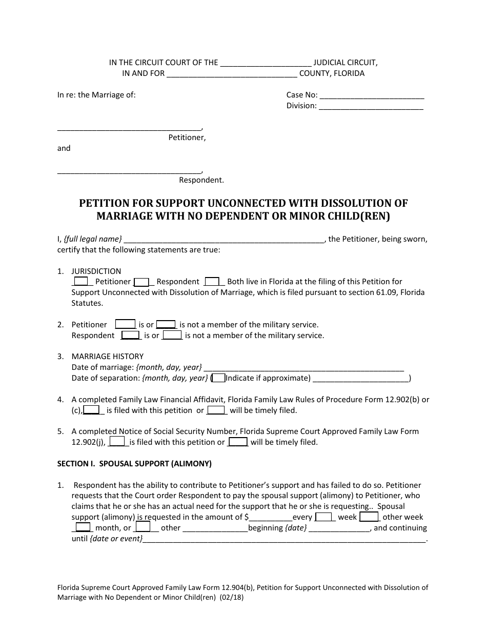 Form 12.904(B) Petition for Support Unconnected With Dissolution of Marriage With No Dependent or Minor Child(Ren) - Florida, Page 4