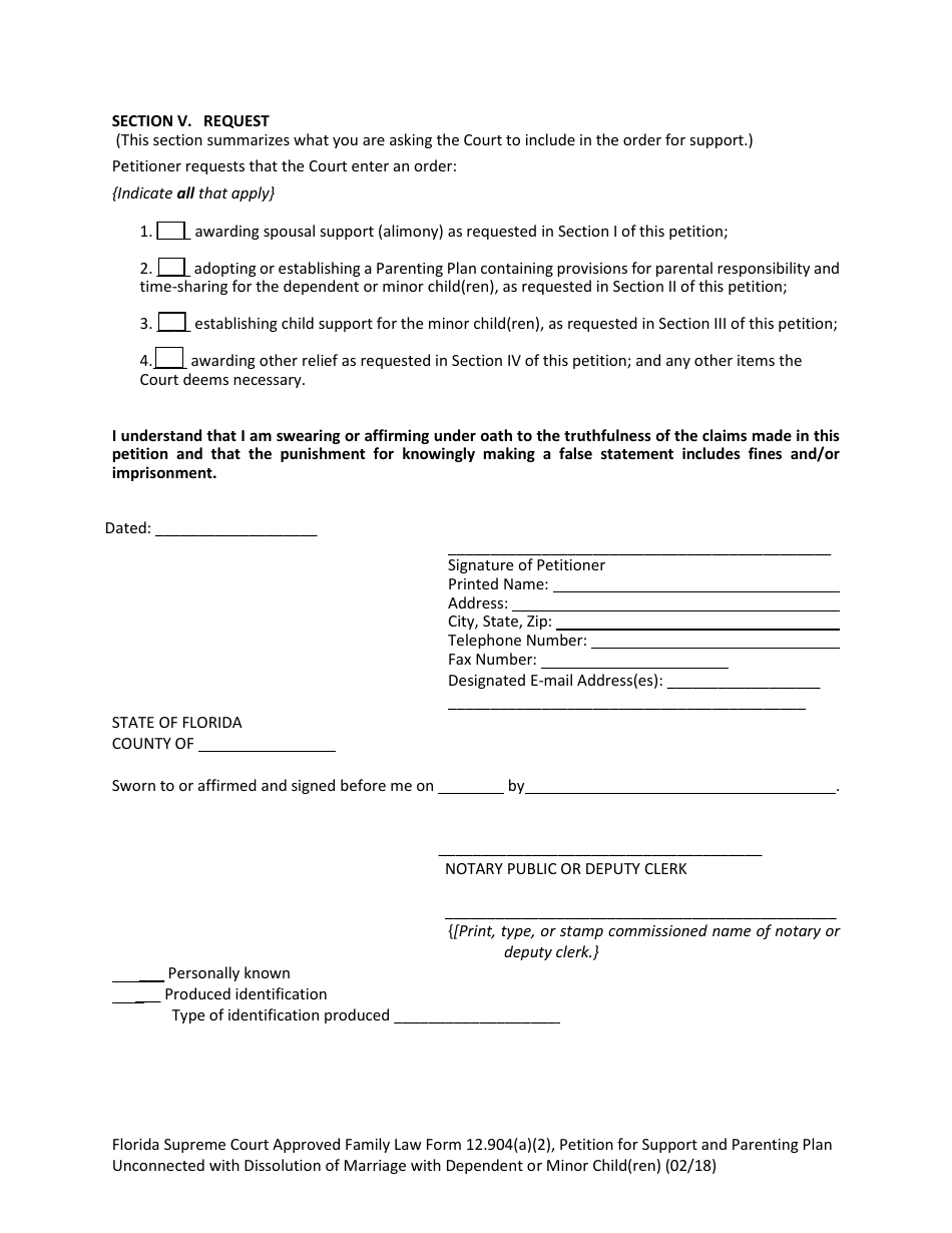 Form 12.904(A)(2) Petition for Support and Parenting Plan Unconnected With Dissolution of Marriage With Dependent or Minor Child(Ren) - Florida, Page 10