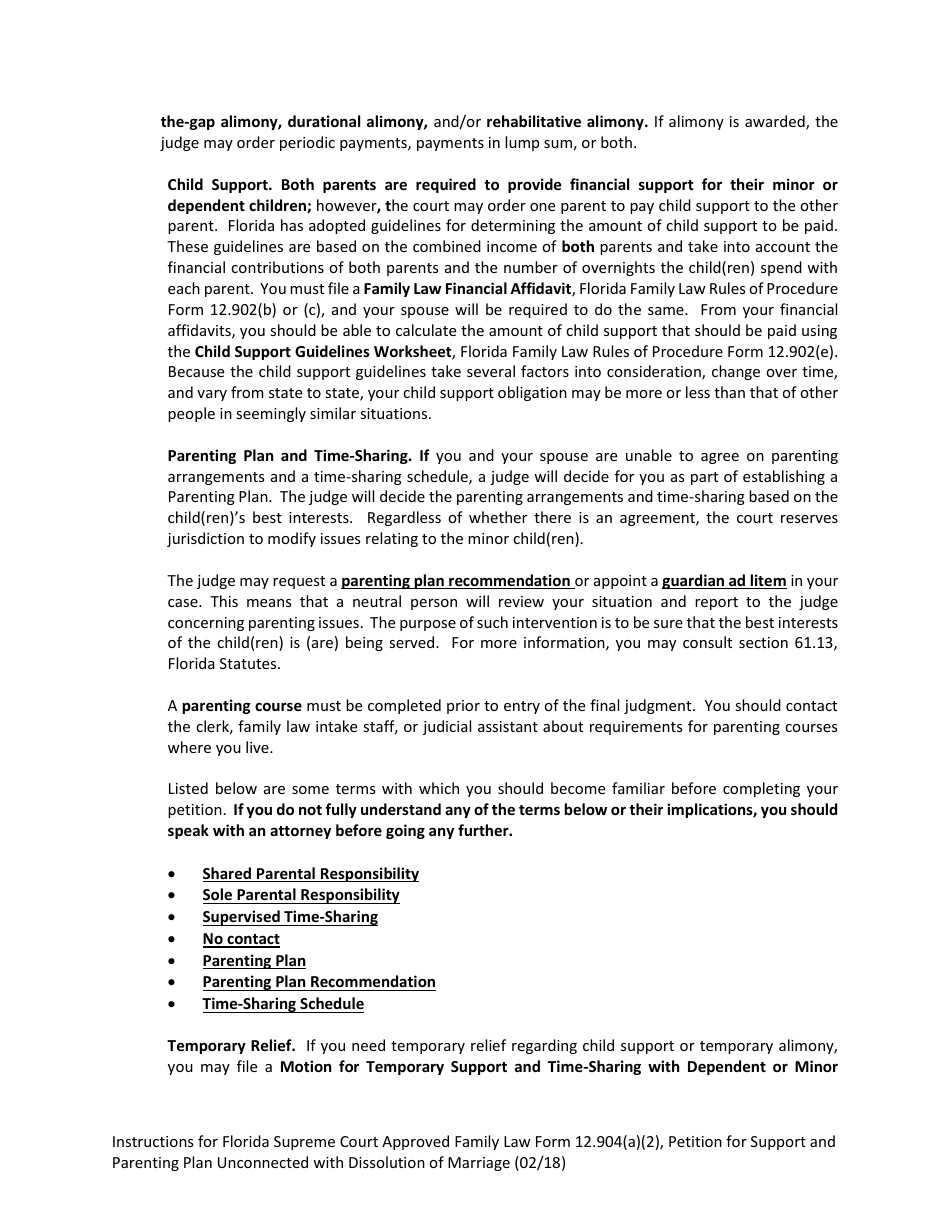 Form 12.904(A)(2) Petition for Support and Parenting Plan Unconnected With Dissolution of Marriage With Dependent or Minor Child(Ren) - Florida, Page 4