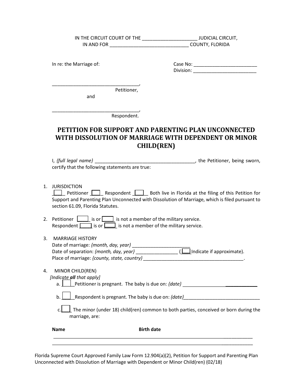 Form 12.904(A)(2) Petition for Support and Parenting Plan Unconnected With Dissolution of Marriage With Dependent or Minor Child(Ren) - Florida, Page 6