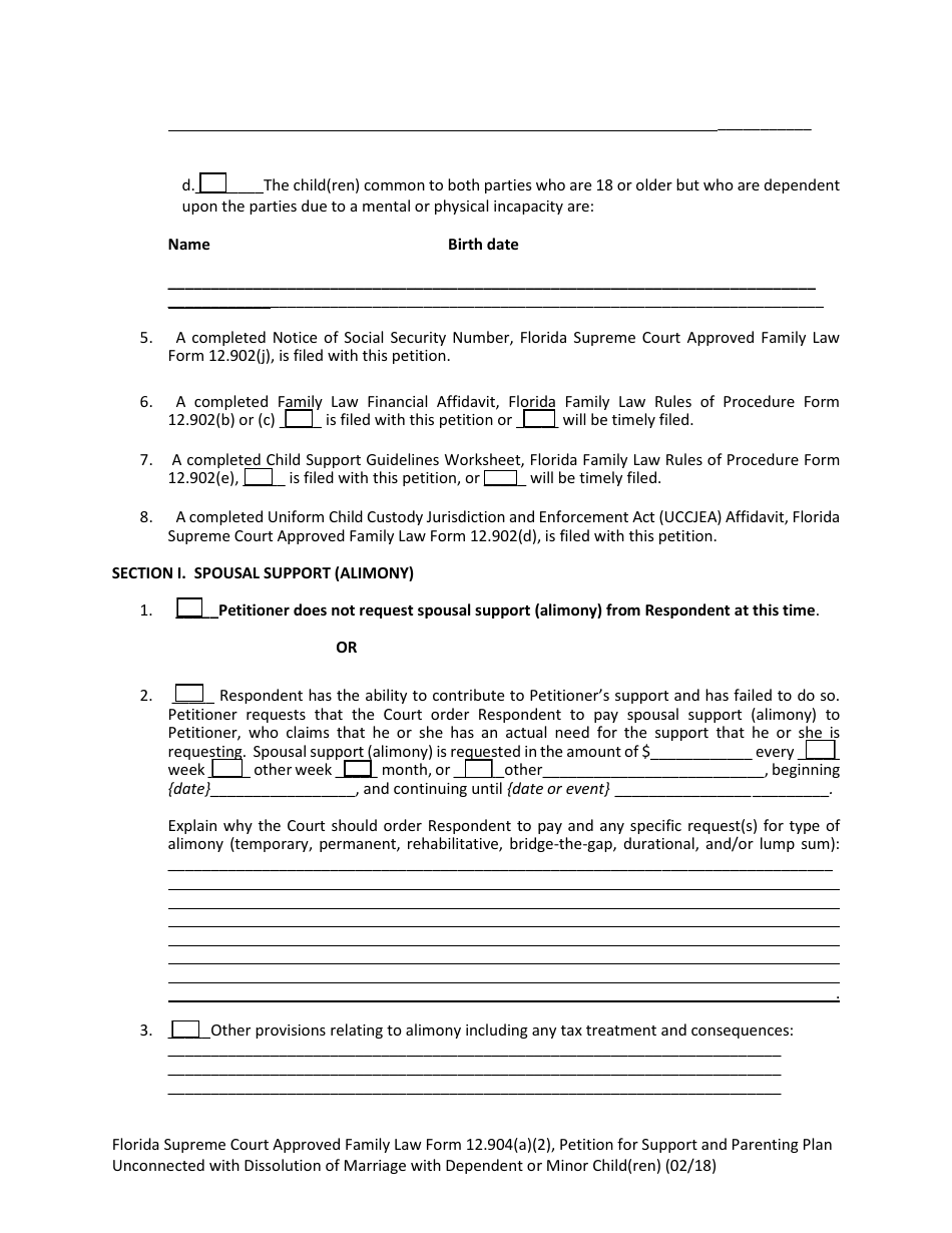 Form 12.904(A)(2) Petition for Support and Parenting Plan Unconnected With Dissolution of Marriage With Dependent or Minor Child(Ren) - Florida, Page 7