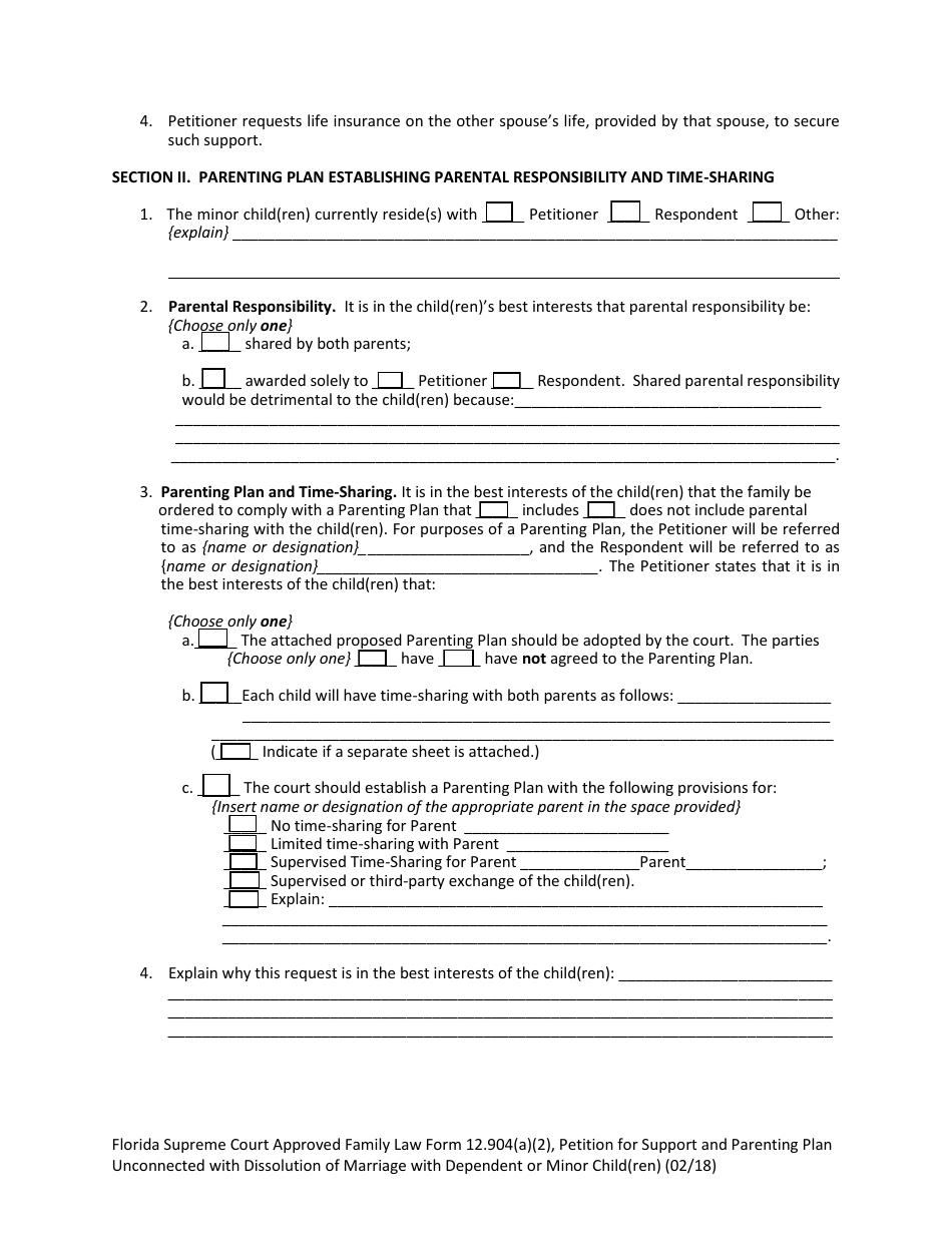 Form 12.904(A)(2) Petition for Support and Parenting Plan Unconnected With Dissolution of Marriage With Dependent or Minor Child(Ren) - Florida, Page 8