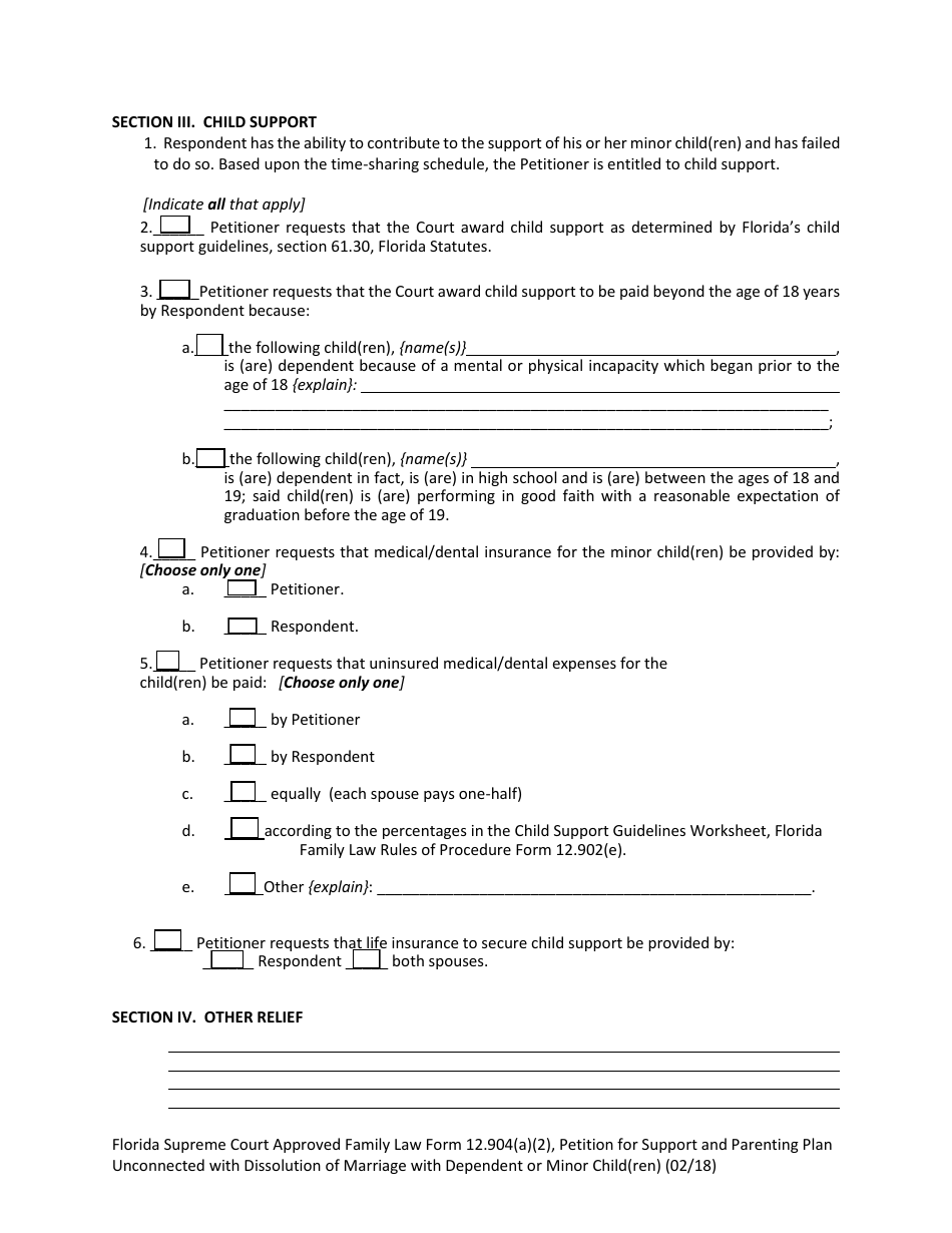 Form 12.904(A)(2) Petition for Support and Parenting Plan Unconnected With Dissolution of Marriage With Dependent or Minor Child(Ren) - Florida, Page 9