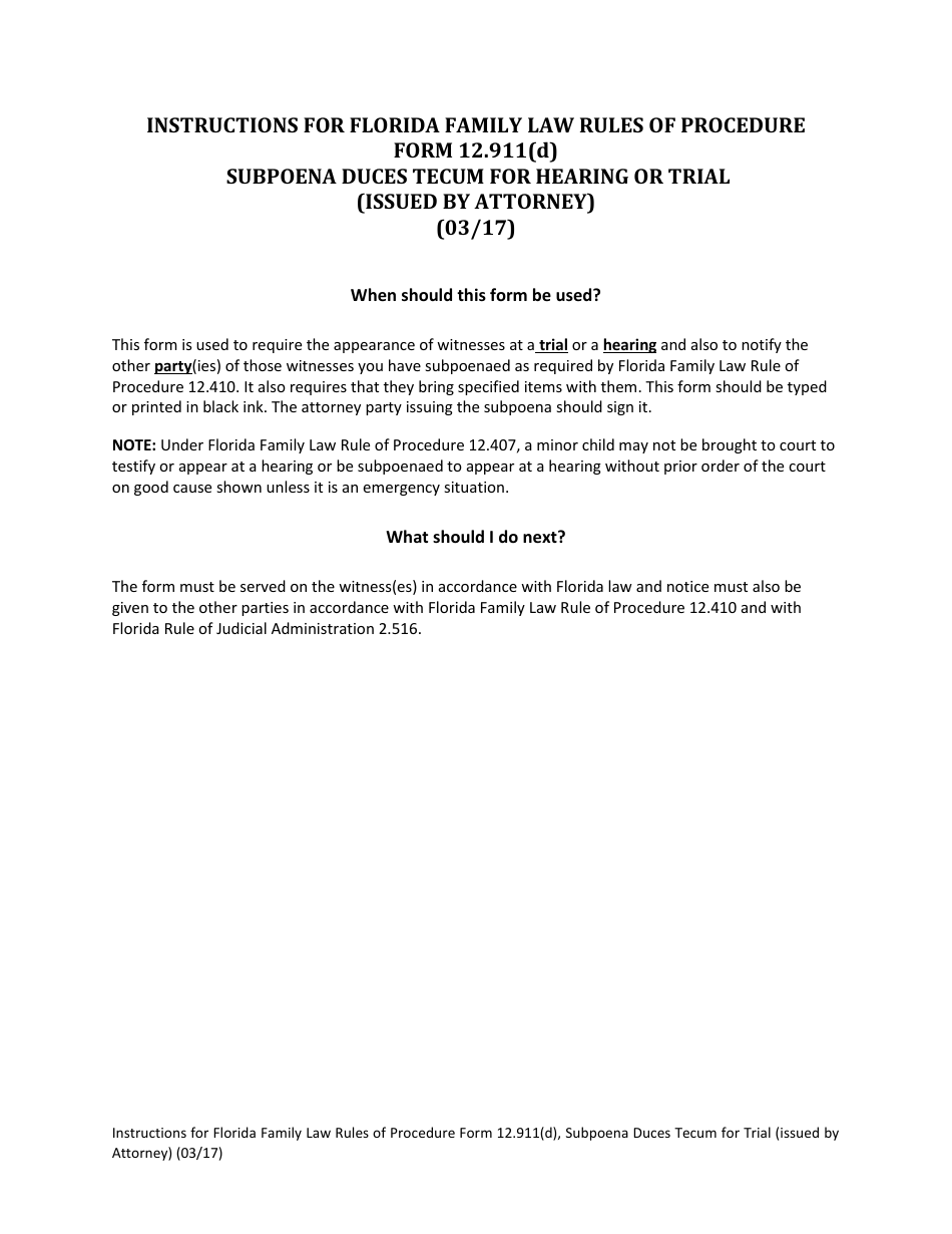 Form 12.911(D) Subpoena Duces Tecum for Hearing or Trial (Issued by Attorney) - Florida, Page 1