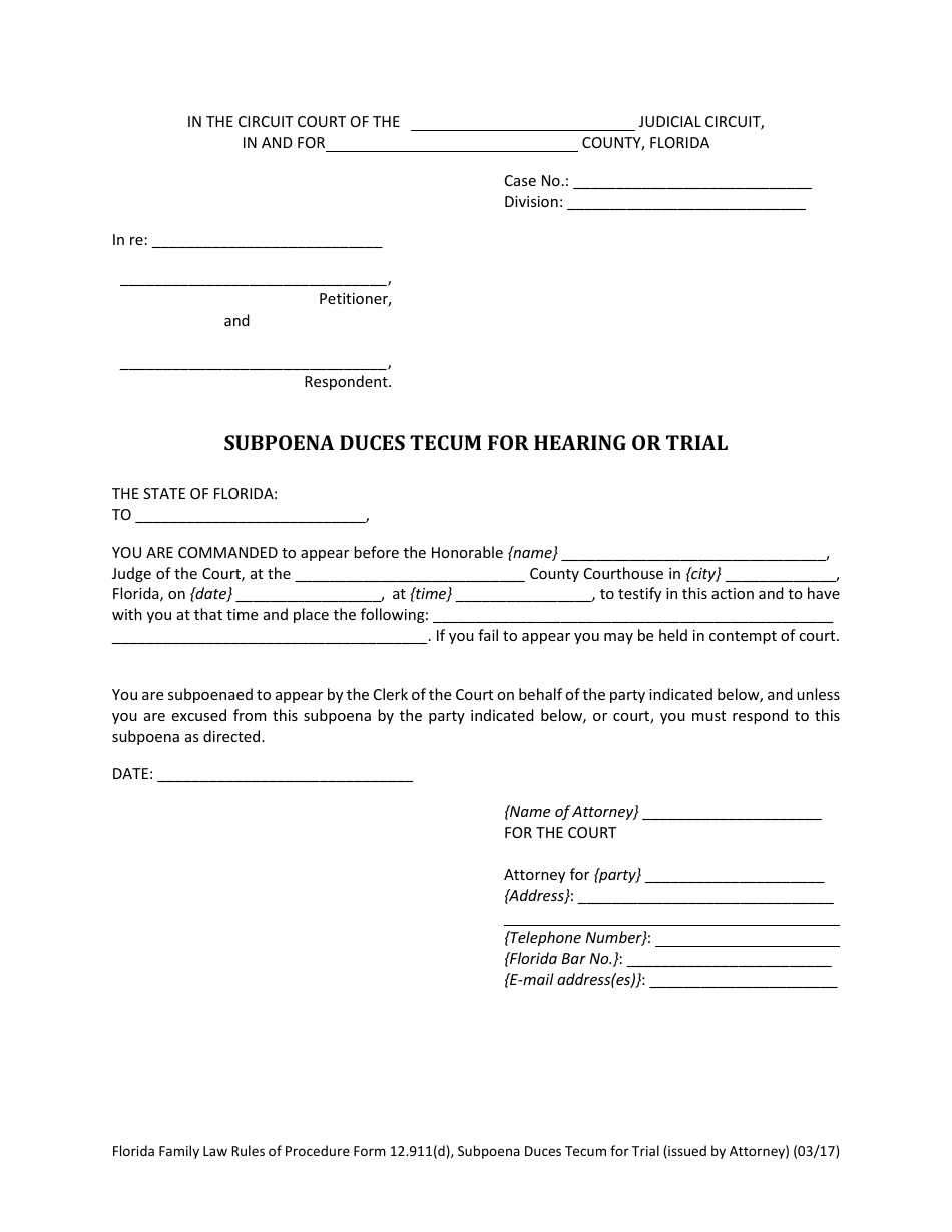 Form 12.911(D) Subpoena Duces Tecum for Hearing or Trial (Issued by Attorney) - Florida, Page 2