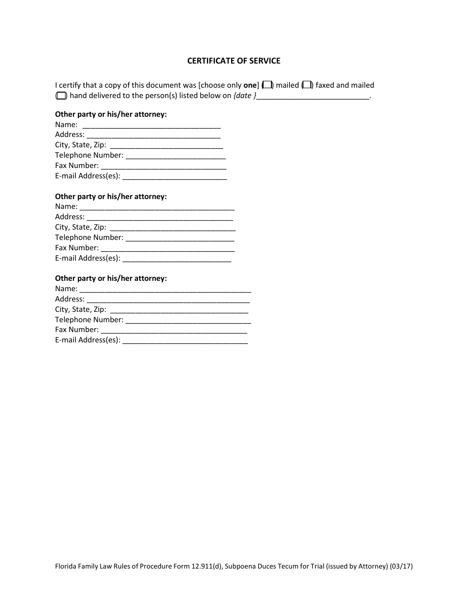 Form 12.911(D) Subpoena Duces Tecum for Hearing or Trial (Issued by Attorney) - Florida, Page 3