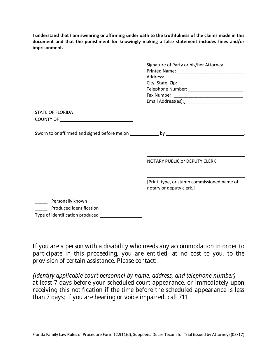 Form 12.911(D) Subpoena Duces Tecum for Hearing or Trial (Issued by Attorney) - Florida, Page 4