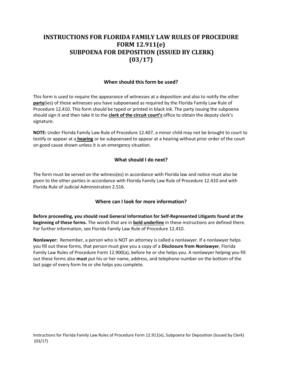 Form 12.911(E) Subpoena for Deposition (Issued by Clerk) - Florida, Page 1