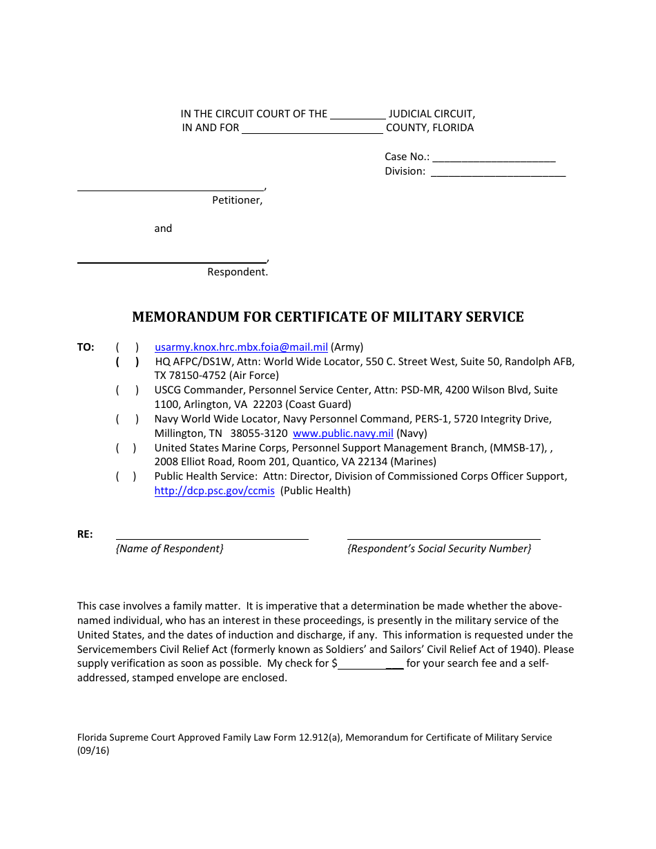 Form 12.912(A) Memorandum for Certificate of Military Service - Florida, Page 4