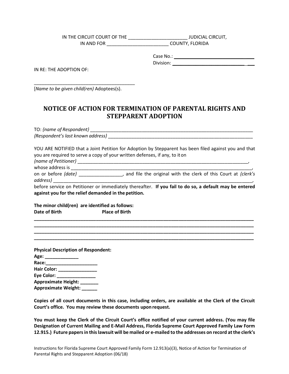 Form 12.913(A)(3) Notice of Action for Termination of Parental Rights and Stepparent Adoption - Florida, Page 4