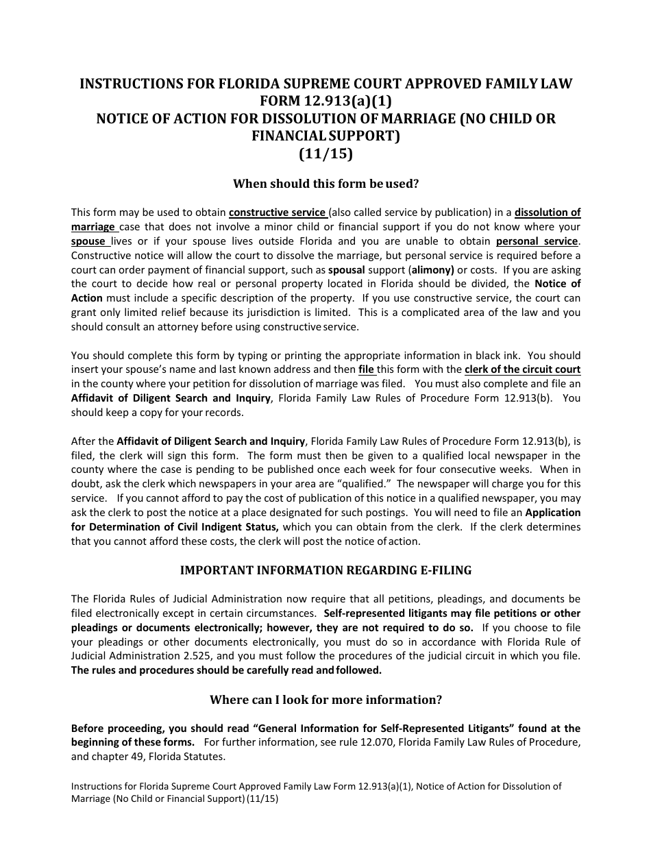 Form 12.913(A)(1) Notice of Action for Dissolution of Marriage (No Child or Financial Support) - Florida, Page 1