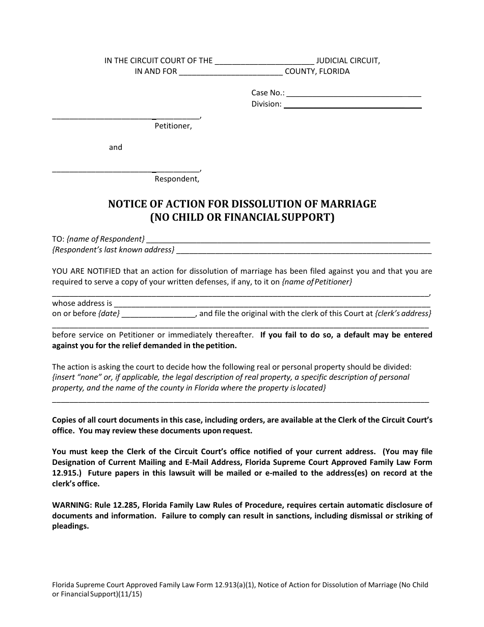 Form 12.913(A)(1) Notice of Action for Dissolution of Marriage (No Child or Financial Support) - Florida, Page 3