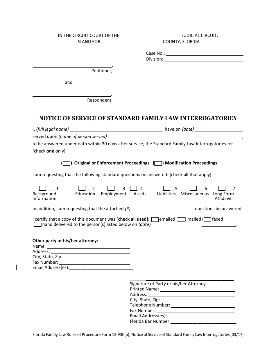 Form 12.930(A) Notice of Service of Standard Family Law Interrogatories - Florida, Page 3