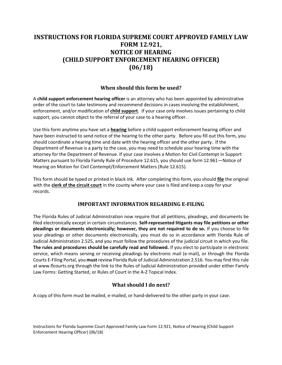 Form 12.921 Notice of Hearing (Child Support Enforcement Hearing Officer) - Florida, Page 1