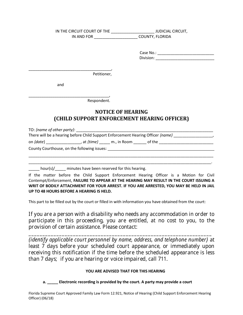 Form 12.921 Notice of Hearing (Child Support Enforcement Hearing Officer) - Florida, Page 3