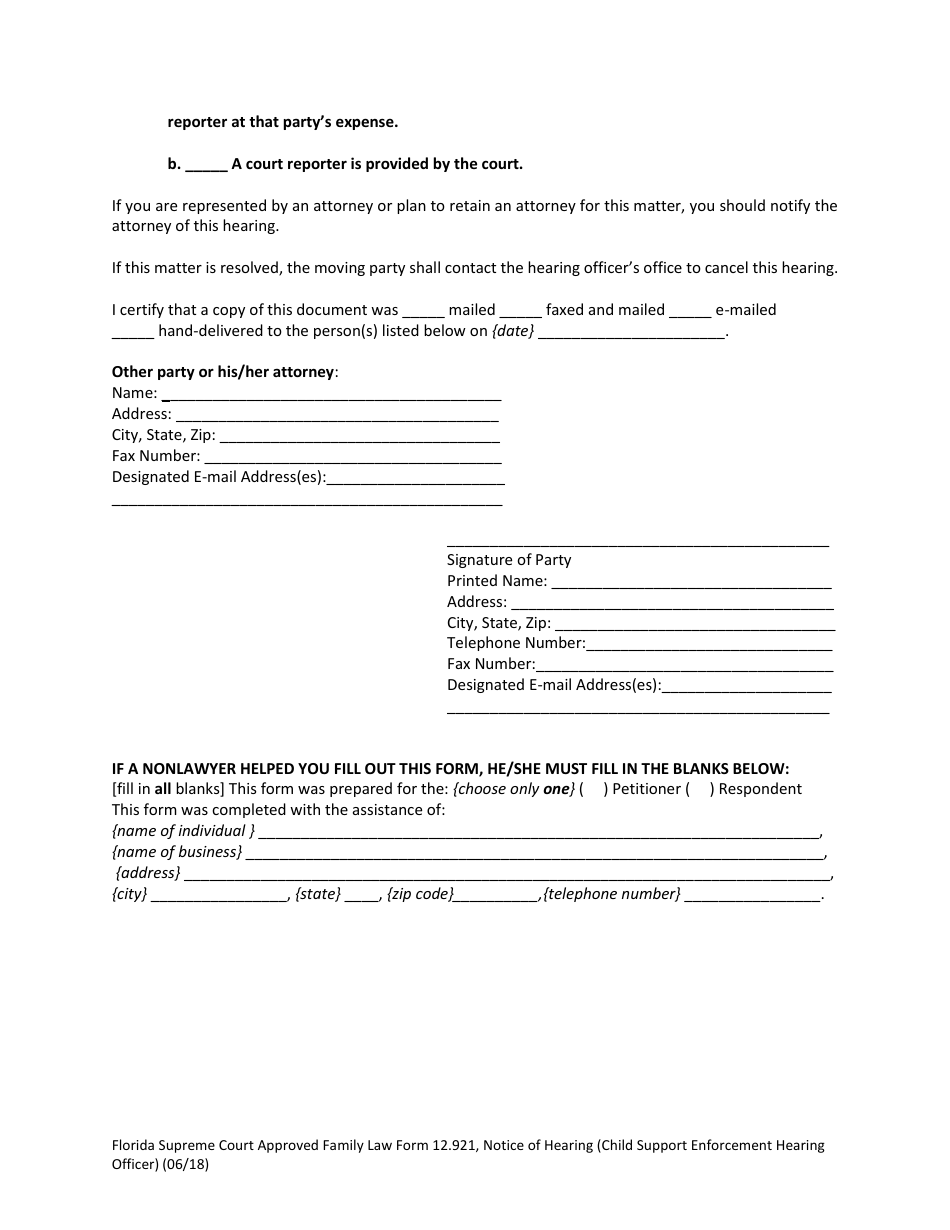 Form 12.921 Notice of Hearing (Child Support Enforcement Hearing Officer) - Florida, Page 4