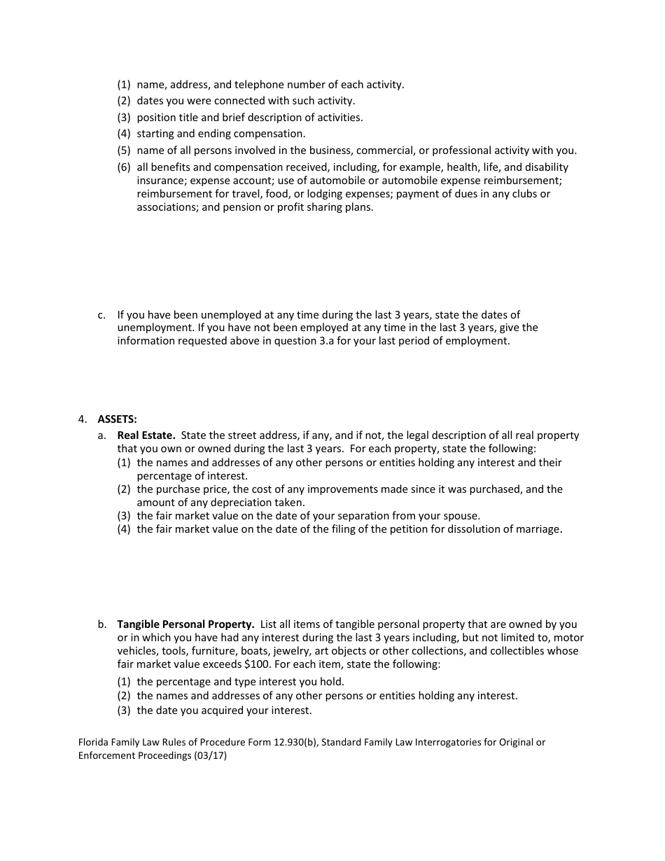 Form 12.930(B) Standard Family Law Interrogatories for Original or Enforcement Proceedings - Florida, Page 5