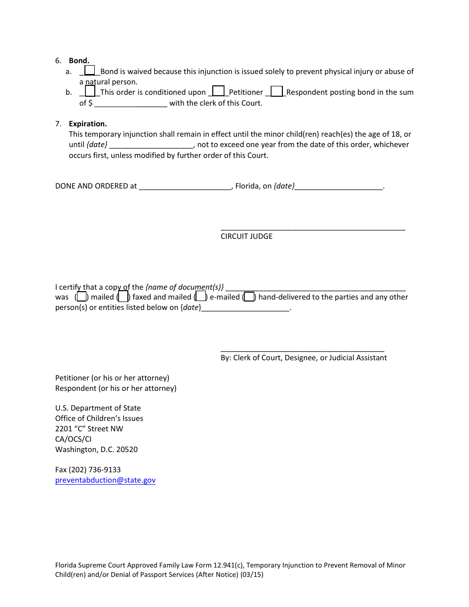Form 12.941(C) Temporary Injunction to Prevent Removal of Minor Child(Ren) and / or Denial of Passport Services (After Notice) - Florida, Page 2