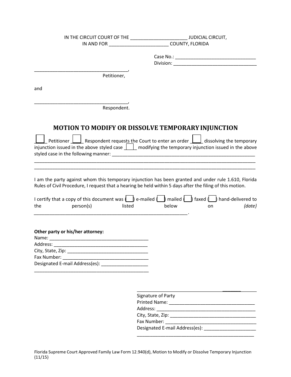 Form 12.940(D) Motion to Modify or Dissolve Temporary Injunction - Florida, Page 3