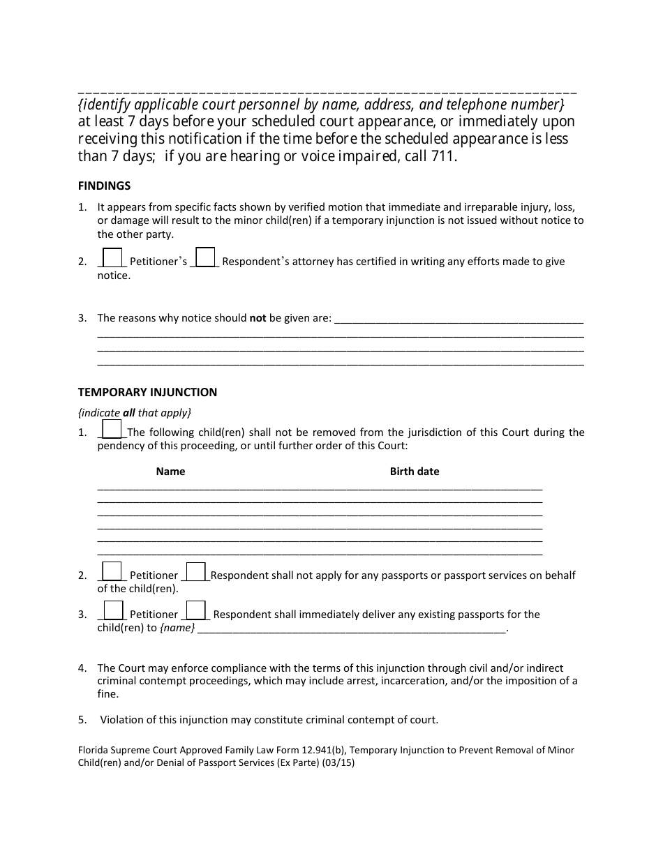 Form 12.941(B) Temporary Injunction to Prevent Removal of Minor Child(Ren) and / or Denial of Passport Services (Ex Parte) - Florida, Page 2