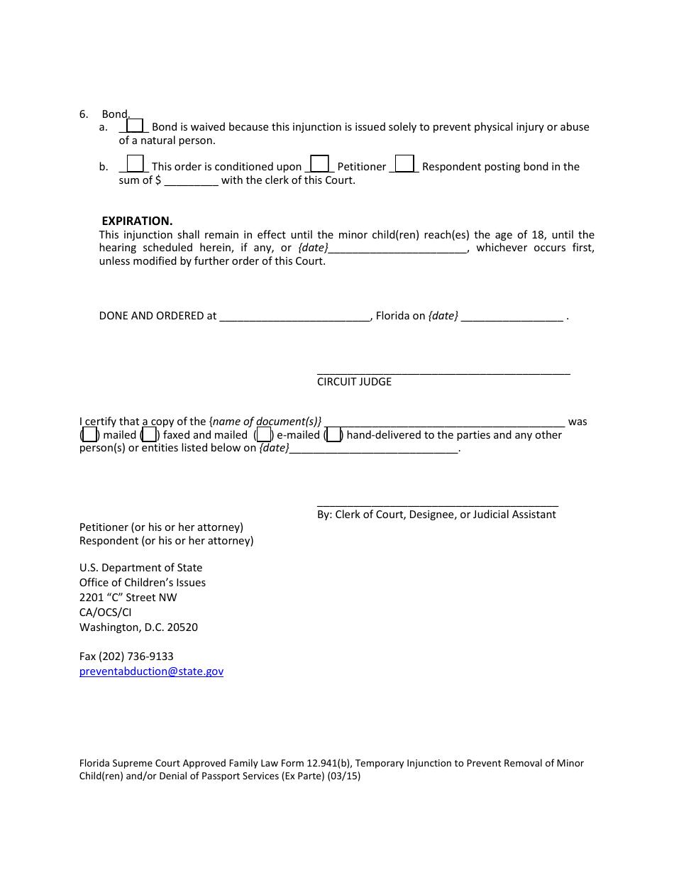 Form 12.941(B) Temporary Injunction to Prevent Removal of Minor Child(Ren) and / or Denial of Passport Services (Ex Parte) - Florida, Page 3