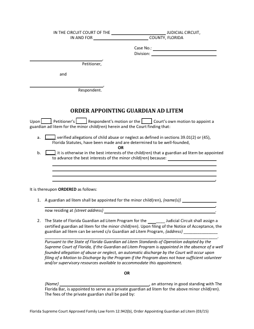 Form 12.942(B) Order Appointing Guardian Ad Litem - Florida
