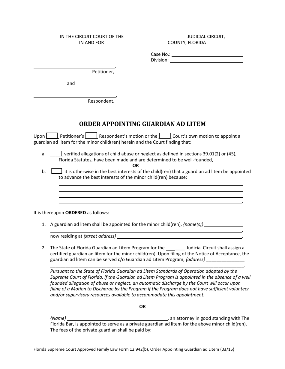 Form 12.942(B) Order Appointing Guardian Ad Litem - Florida, Page 1