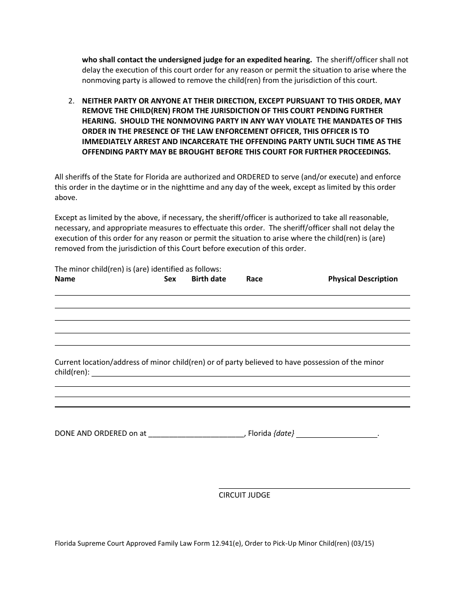 Form 12.941(E) Order to Pick-Up Minor Child(Ren) - Florida, Page 3