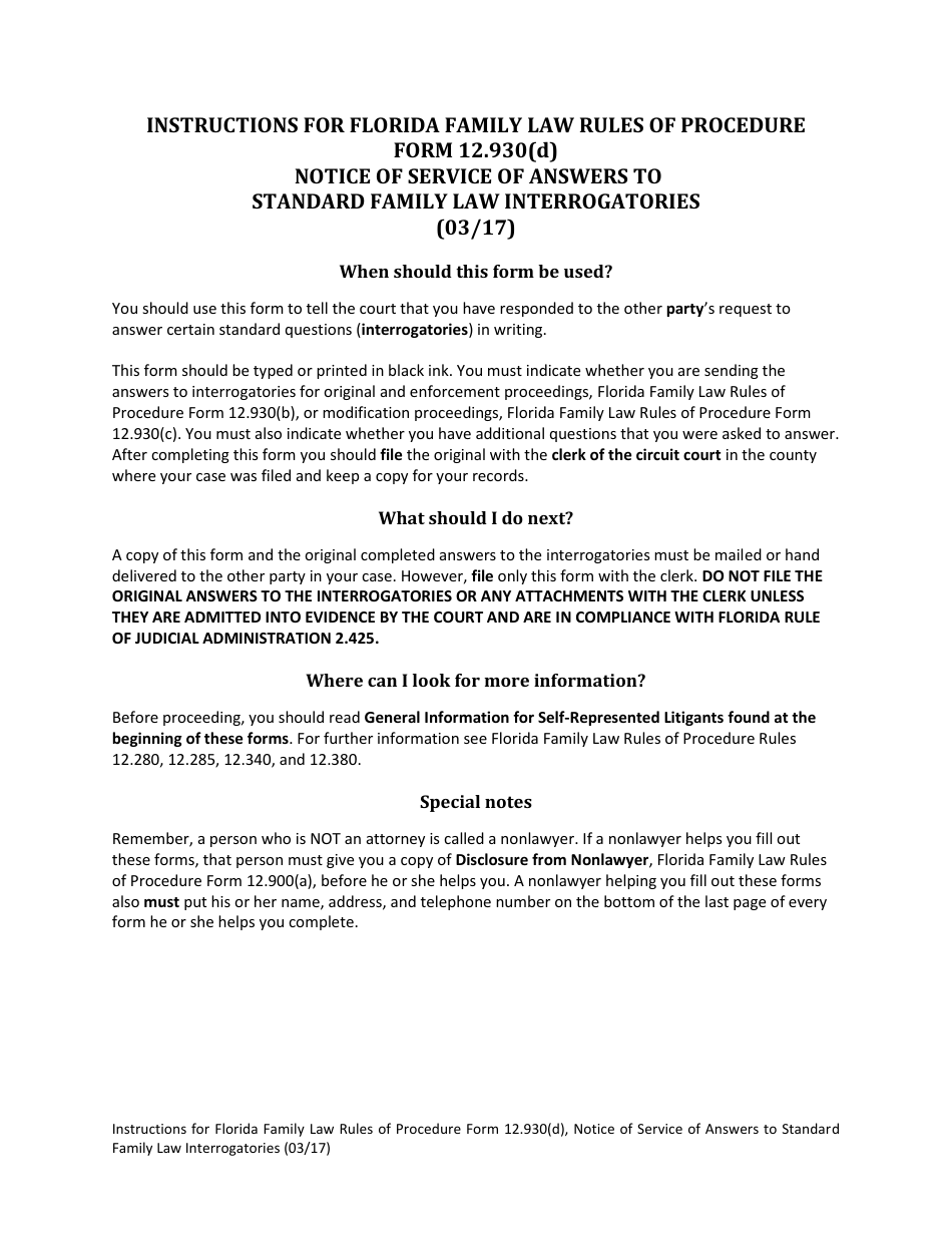 Form 12.930(D) Notice of Service of Answers to Standard Family Law Interrogatories - Florida, Page 1