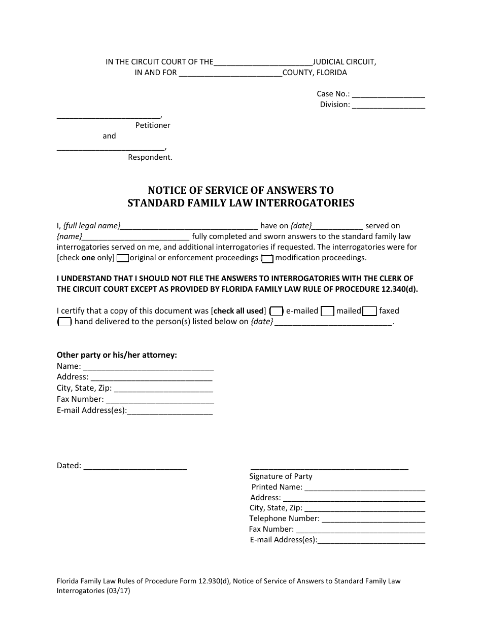 Form 12.930(D) Notice of Service of Answers to Standard Family Law Interrogatories - Florida, Page 2