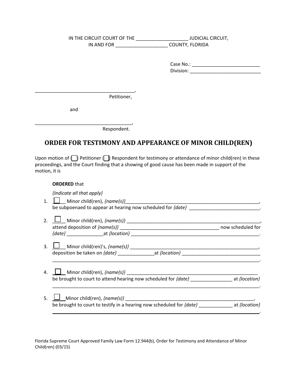 Form 12.944(B) Order for Testimony and Appearance of Minor Child(Ren) - Florida, Page 1