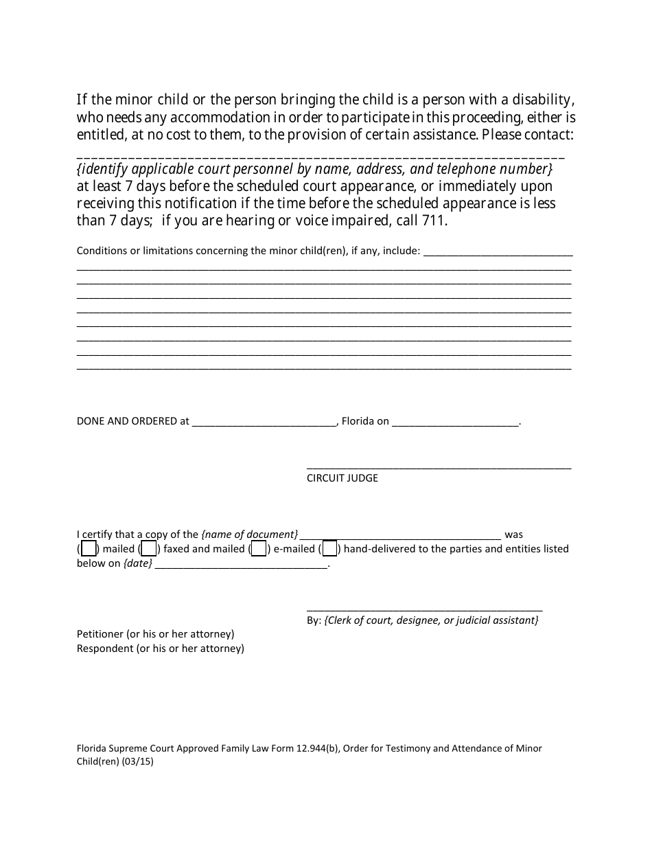 Form 12.944(B) Order for Testimony and Appearance of Minor Child(Ren) - Florida, Page 2
