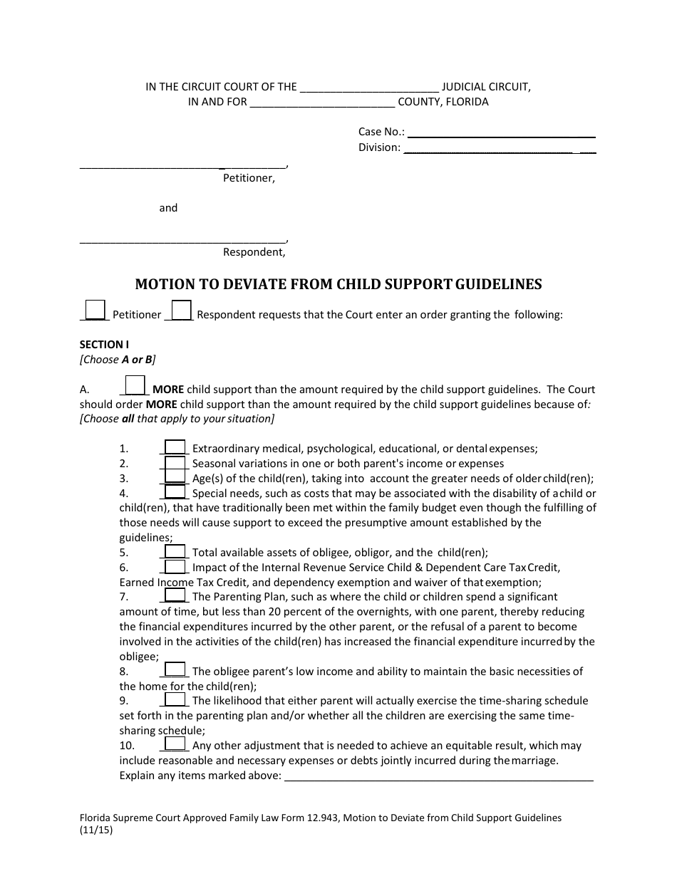 Form 12.943 Motion to Deviate From Child Support Guidelines - Florida, Page 3