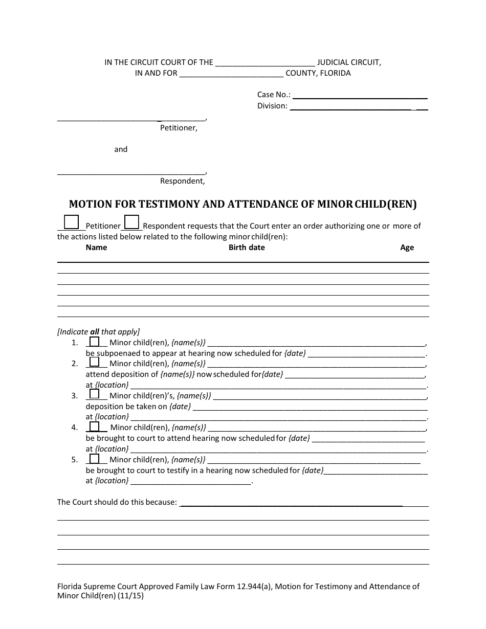 Form 12.944(A) Motion for Testimony and Attendance of Minor Child(Ren) - Florida, Page 3