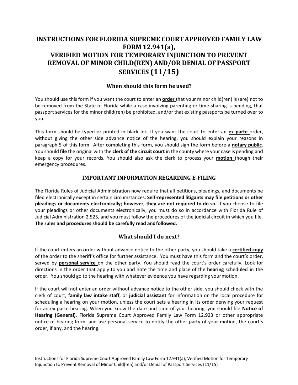 Form 12.941(A) Verified Motion for Temporary Injunction to Prevent Removal of Minor Child(Ren) and / or Denial of Passport Services - Florida, Page 1