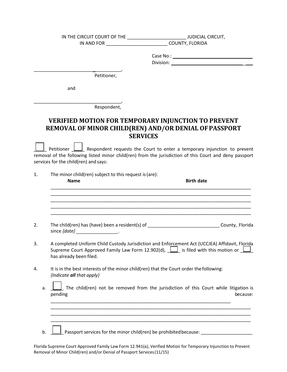 Form 12.941(A) Verified Motion for Temporary Injunction to Prevent Removal of Minor Child(Ren) and / or Denial of Passport Services - Florida, Page 4