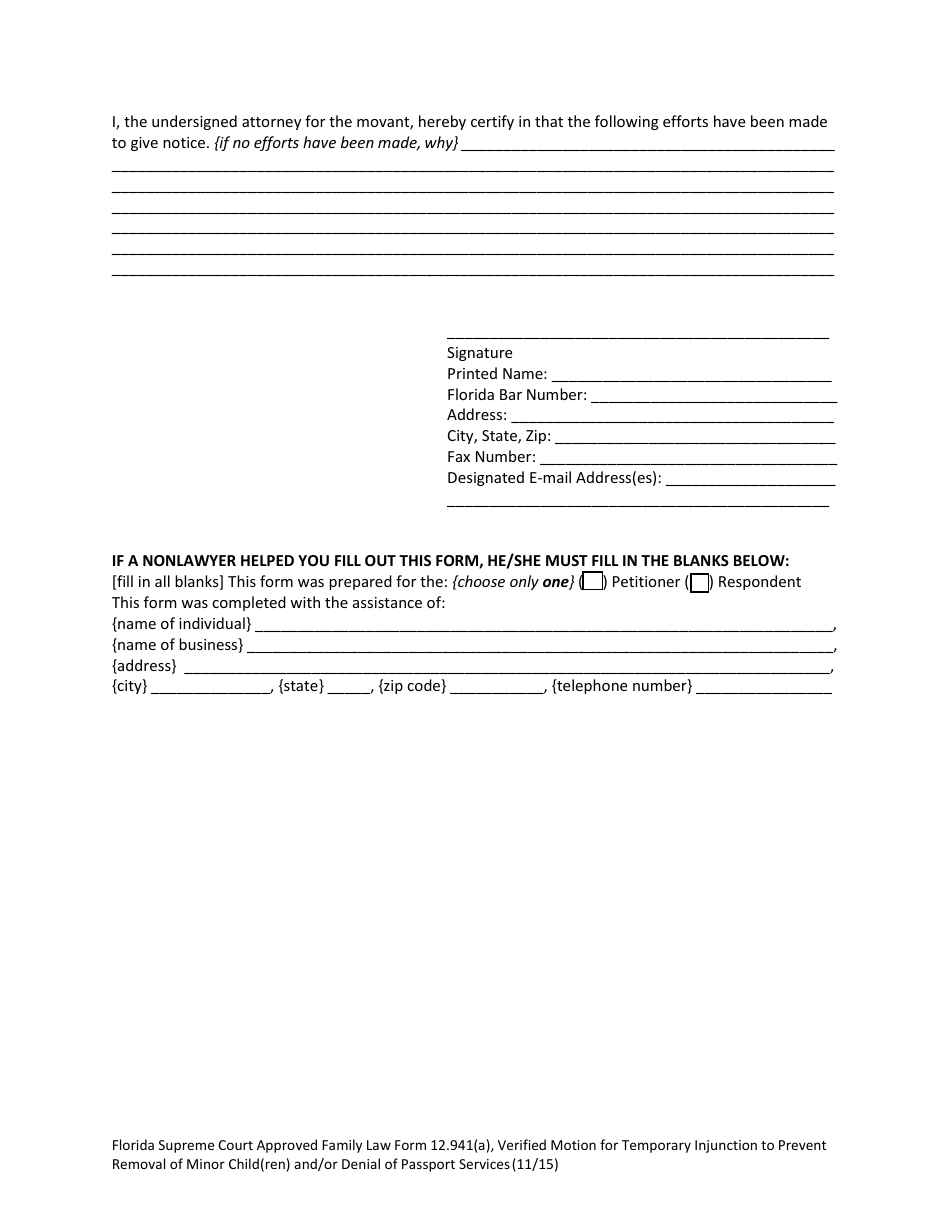 Form 12.941(A) Verified Motion for Temporary Injunction to Prevent Removal of Minor Child(Ren) and / or Denial of Passport Services - Florida, Page 7